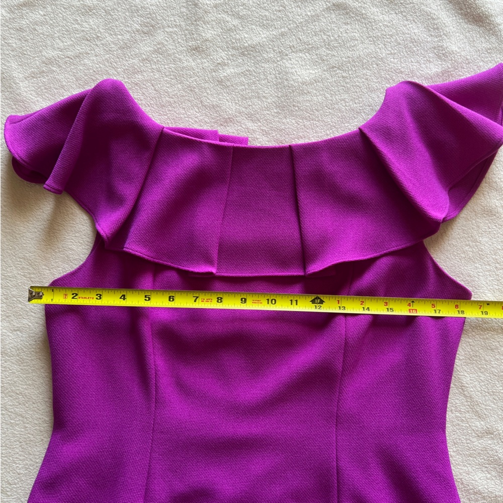 Antonio Melani Tailored Sheath Dress Size 10 Purple Ruffle Off-Shoulder - Picture 14 of 15